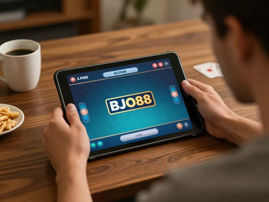 Bermain poker daring dengan logo BJO88 ditampilkan, menangkap momen bermain di rumah yang mendebarkan.