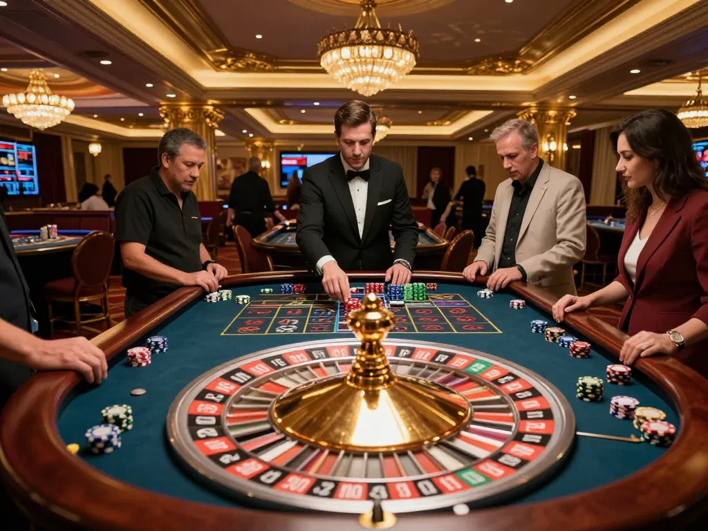 Players engaging at a roulette table in a luxurious casino, showcasing the excitement of Qh888 gaming.