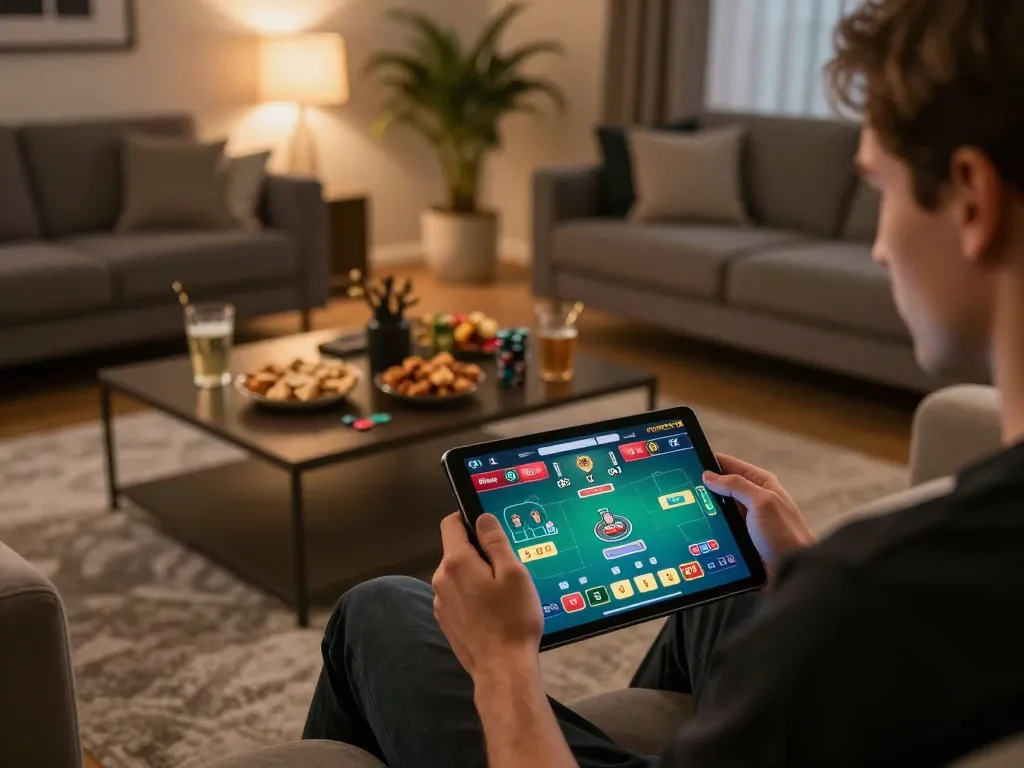 Engaging online gambling session at home with cloud-africa gaming interface on tablet in a cozy setting
