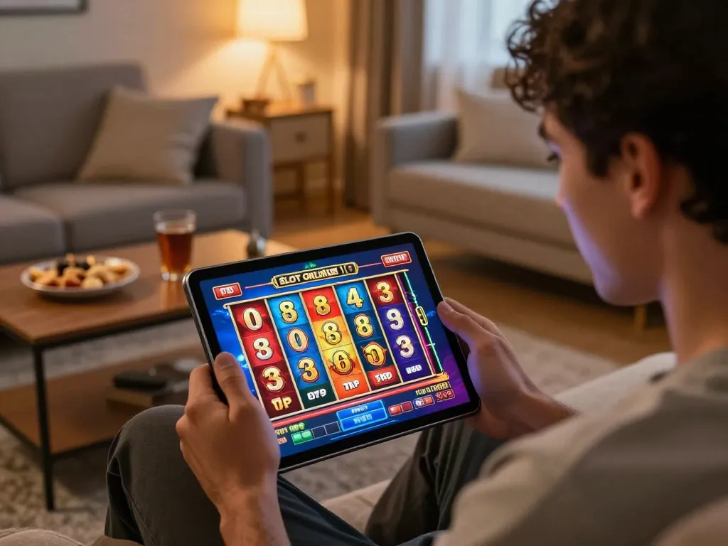 Engaging gameplay on Slot Online interface, showcasing vibrant graphics in a cozy home setting.