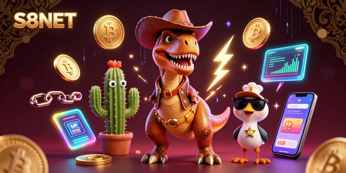 S8NET unleashes exciting gaming adventures with a vibrant casino-themed 3D illustration featuring a dinosaur cowboy.