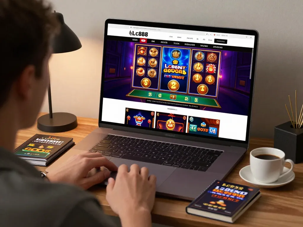 Play Lc888 online at a stylish gaming desk with vibrant casino visuals.
