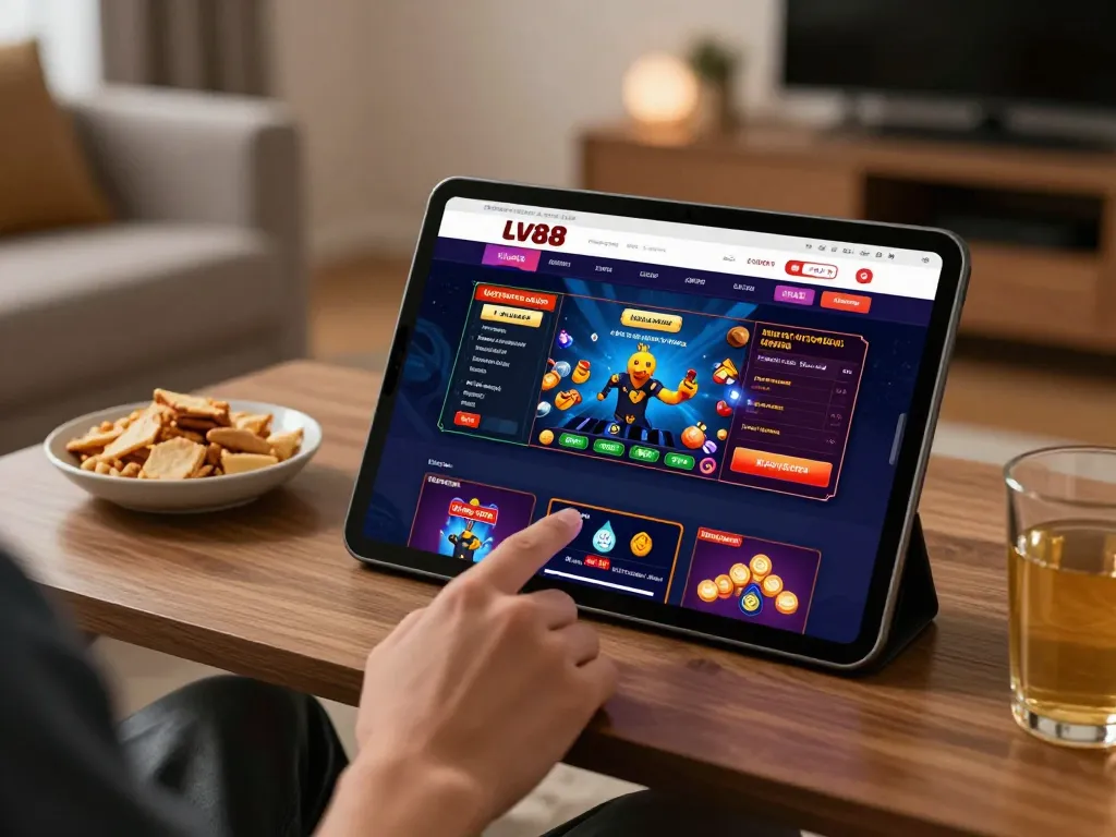 Player engaging with online games on lv88cha.com in a cozy home environment.