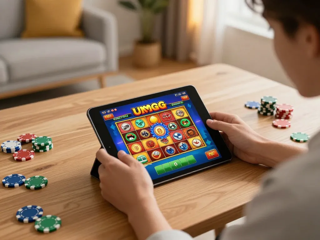 Play unogg slot games on a tablet in a cozy home setup with vibrant graphics and responsible gaming practices.