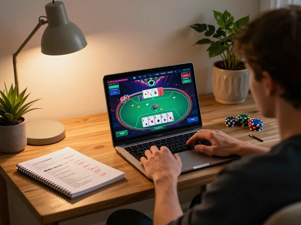 Engaging in online poker with 68win on a laptop in a cozy home setting, emphasizing strategy