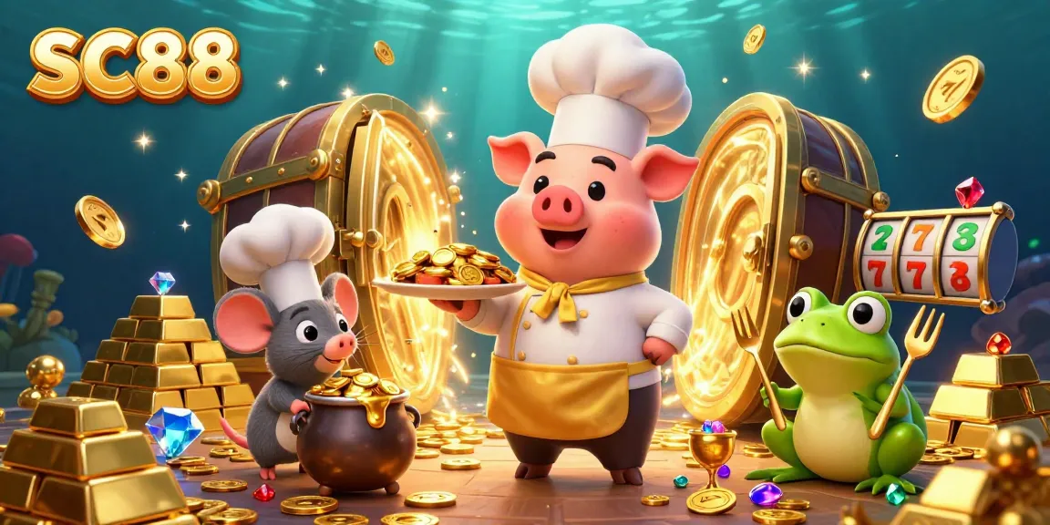 SC88 chef pig serves gold coins amidst slot reels and treasure, showcasing a vibrant casino atmosphere.