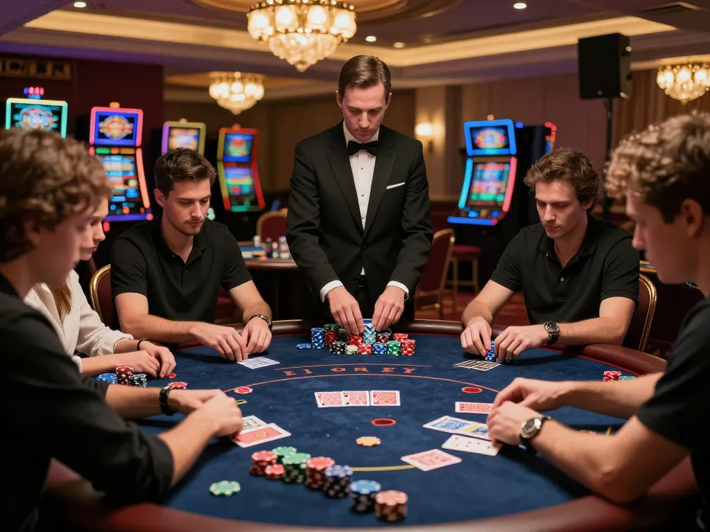 Players strategizing at a poker table in 888New casino, showcasing intense gameplay and vibrant atmosphere.