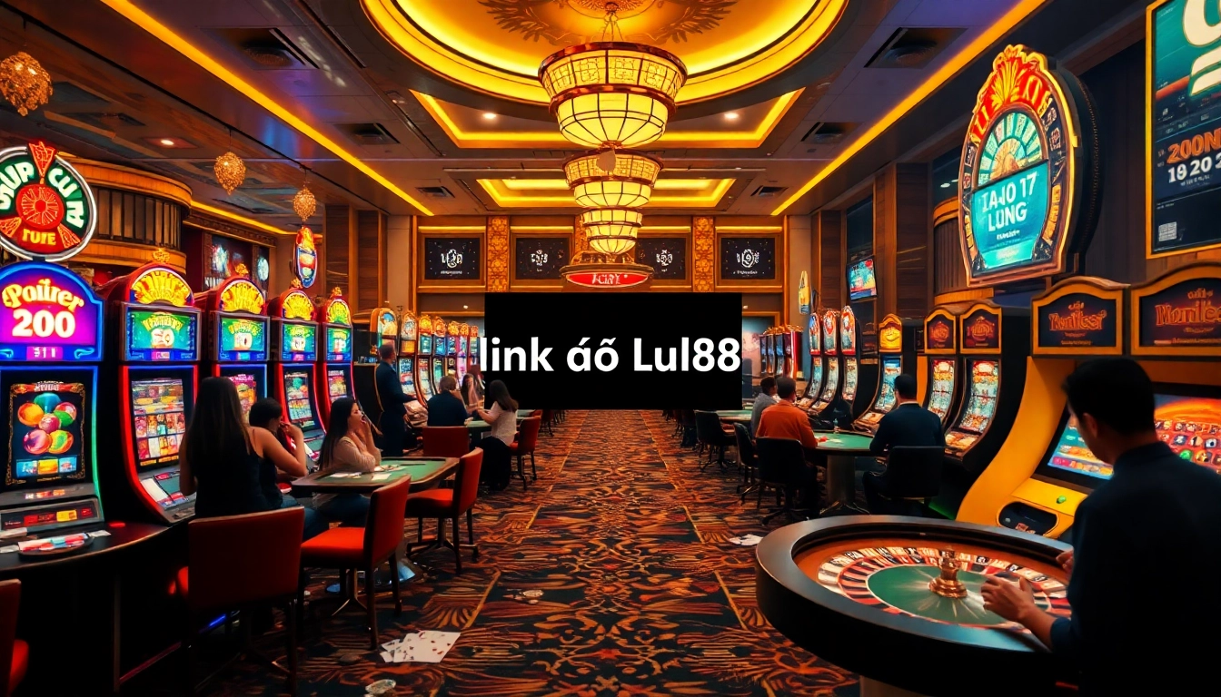 Exhilarating casino scene showcasing games and players with emphasis on link vào lu88 excitement.