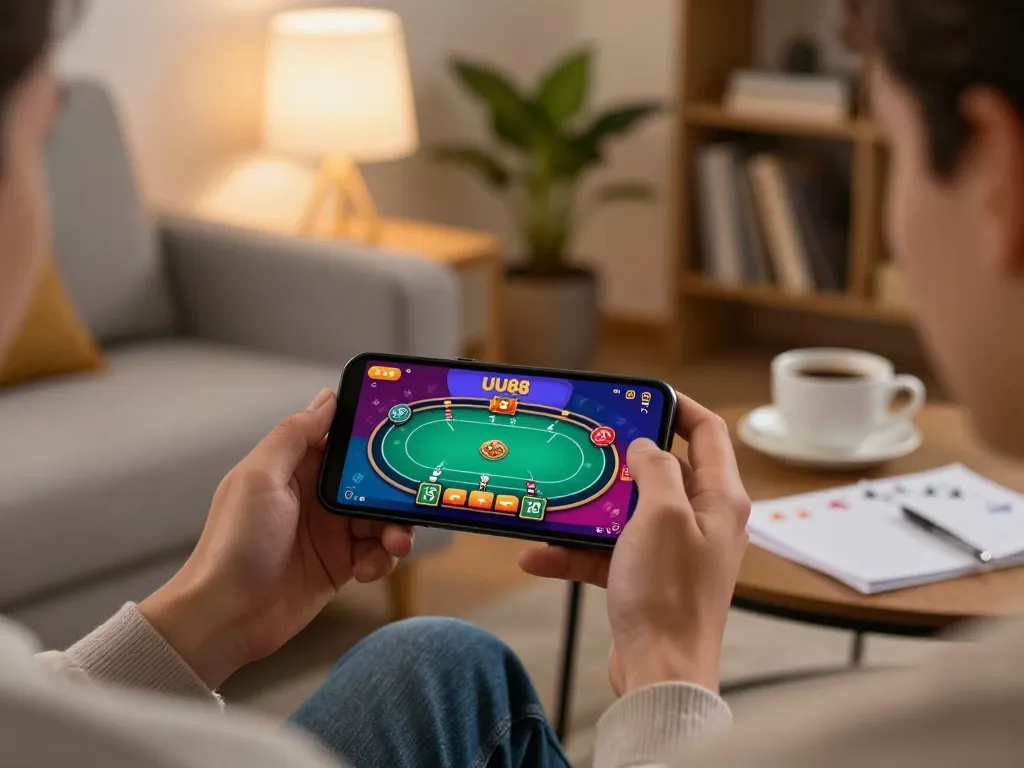 UU88 player using a smartphone in a cozy setting, engaging with online poker strategies.