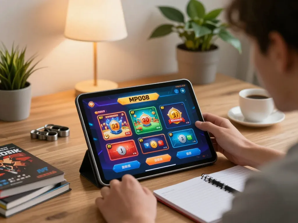 MPO08 player engaging with vibrant casino games on a tablet, illustrating a responsible gaming atmosphere