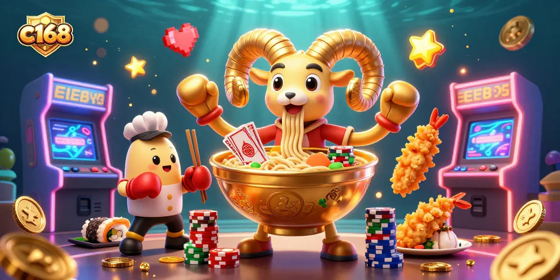 C168 features a giant ramen bowl character dealing casino cards in a vibrant gaming scene