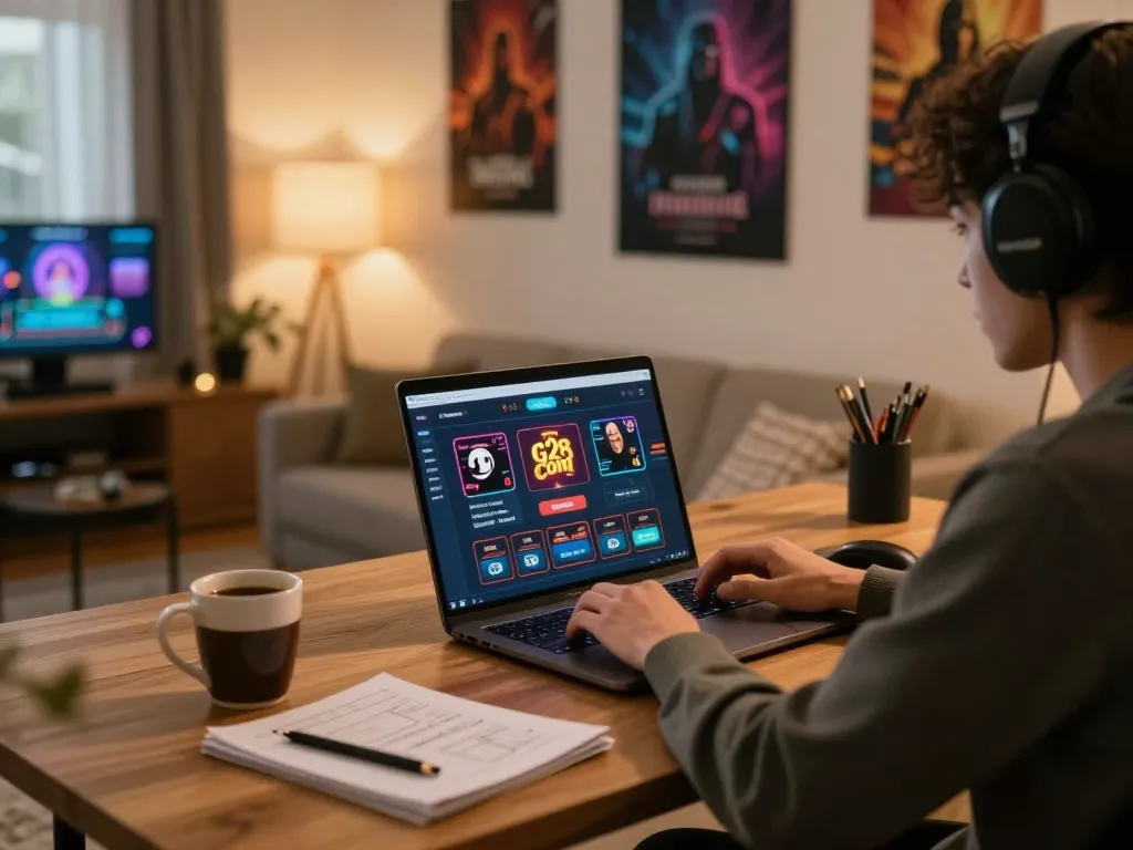 Engaging with g28 com casino platform on laptop while enjoying a home gaming environment.