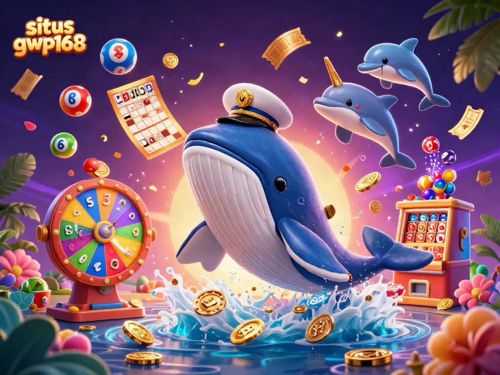 Situs gwp168 mempersembahkan ilustrasi 3D dengan paus kartun berkapten dan lumba-lumba, menunjukkan keseruan permainan