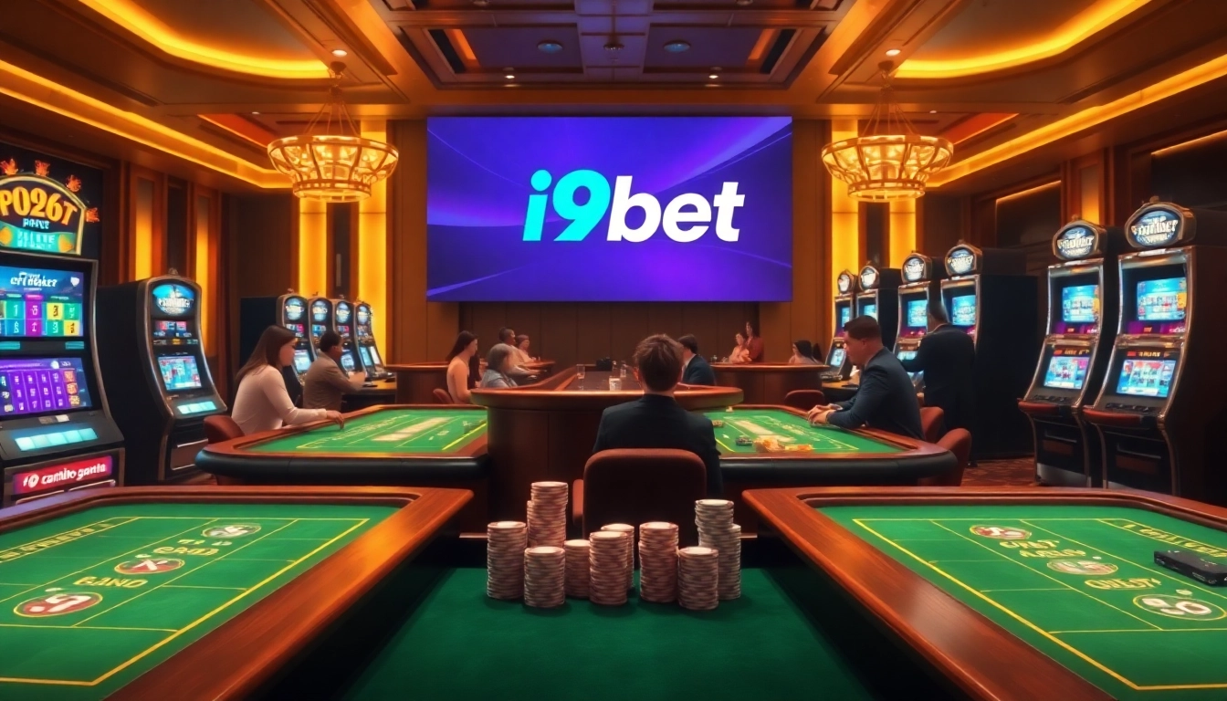 i9bet gaming interface showcasing luxury casino environment with poker chips and slot machines.