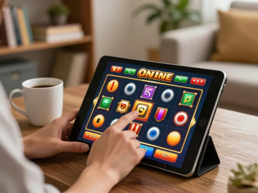 IDNSCORE ALTERNATIF online gaming interface displayed on tablet during a cozy at-home gaming session.