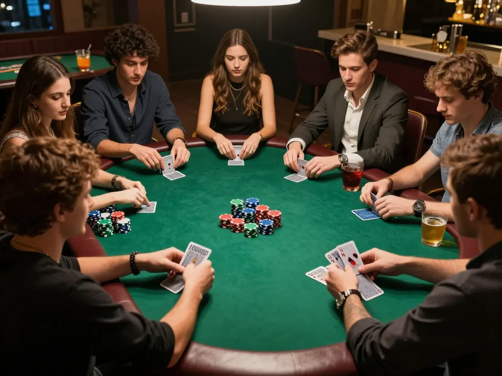 Friends playing poker at home, showcasing the excitement of kubet79 in a lively social setting.