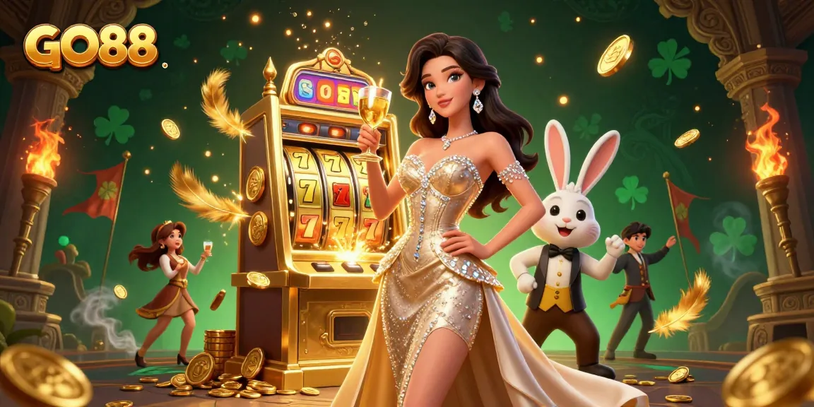 Experience GO88’s thrilling jackpot wins with a stunning woman and golden slot machine.
