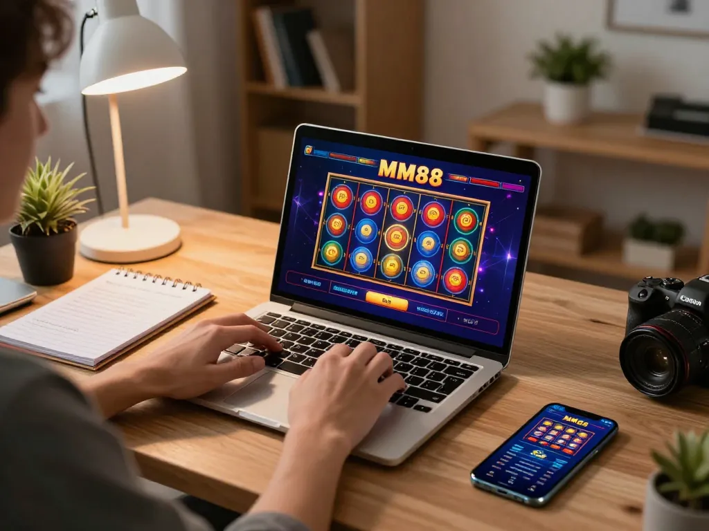 Player engaging with MM88 slot games online, enjoying a cozy home office setup during gameplay.