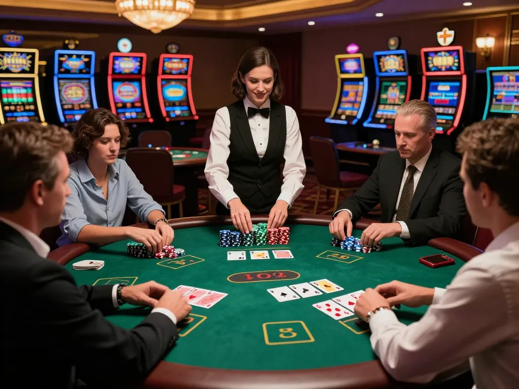 Các người chơi thưởng thức một trận đấu blackjack căng thẳng tại bàn chơi phong cách của sòng bạc LUCK8 với không gian sống động.