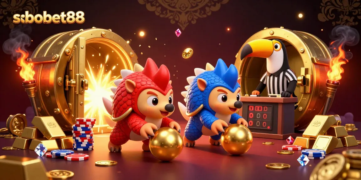 Experience the thrill of sbobet88 with rival pangolins rolling golden balls and poker chips in an exciting casino scene!
