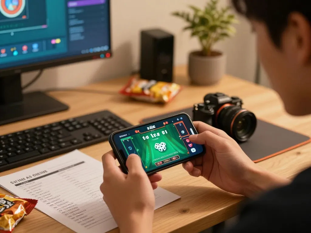 Engaging in tài xỉu online from a cozy home setup, focused on winning strategies while using a smartphone