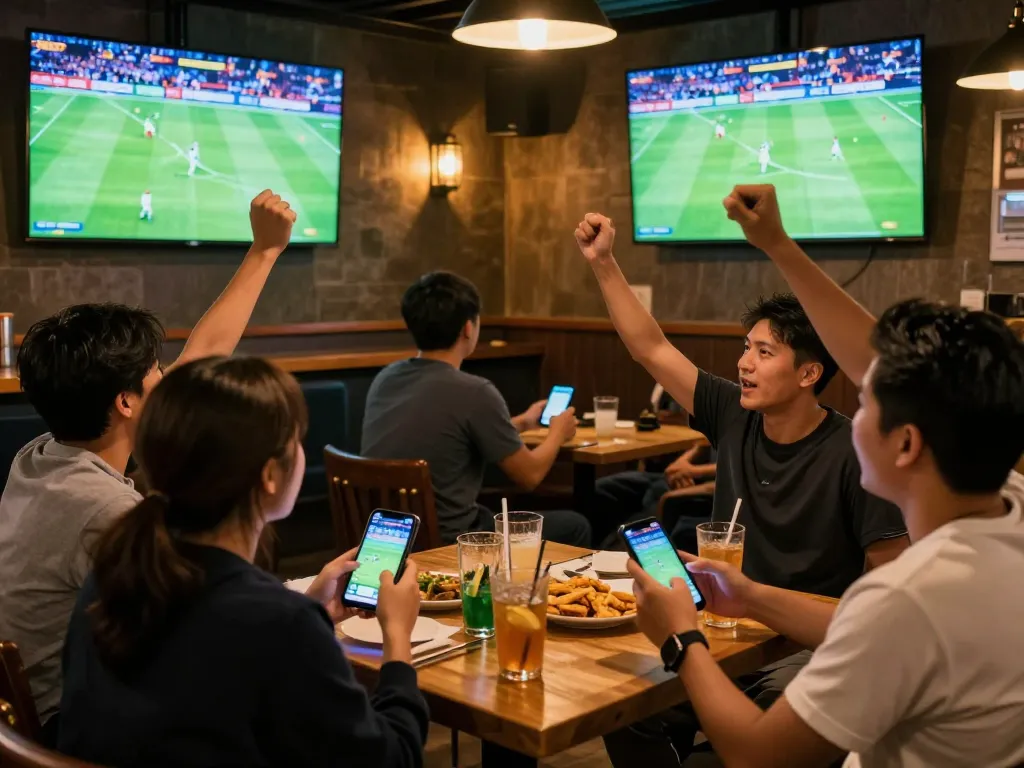 Engaged sports bettors analyzing kèo trực tuyến during a live soccer match in a lively sports bar setting