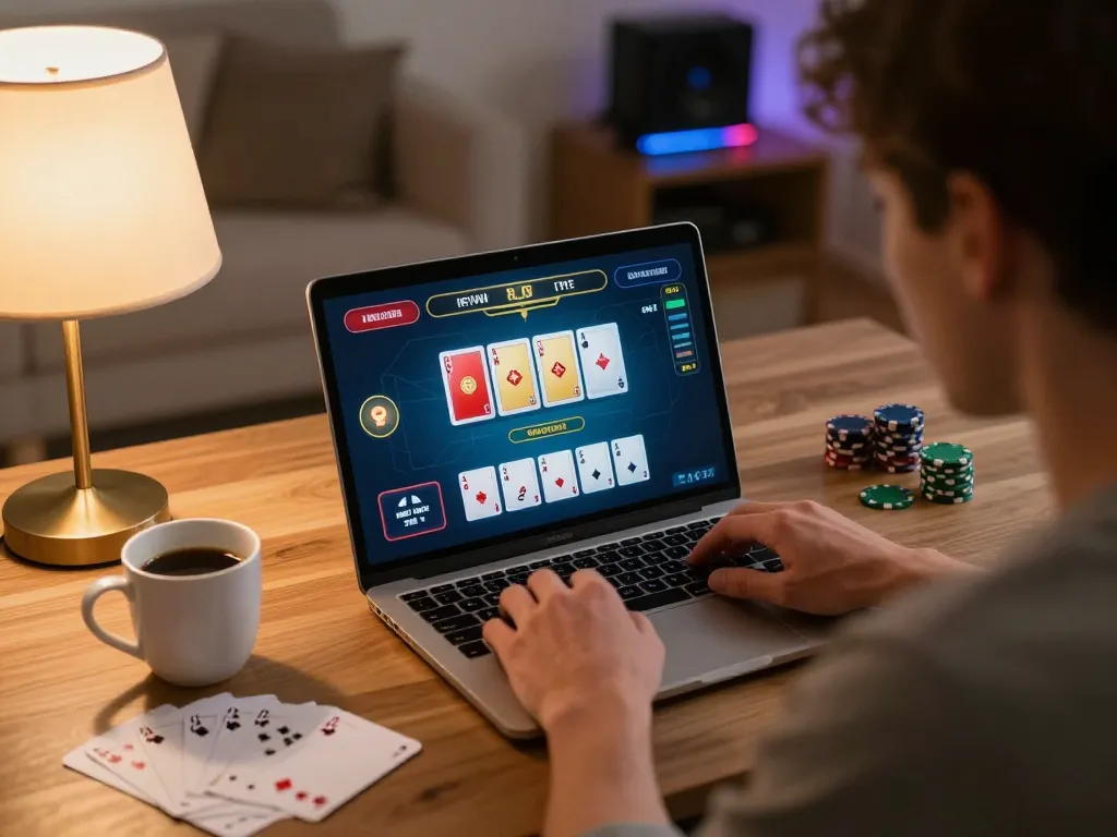 Terlibat dalam permainan poker online yang intens di Planet77 dengan laptop dan catatan strategi.