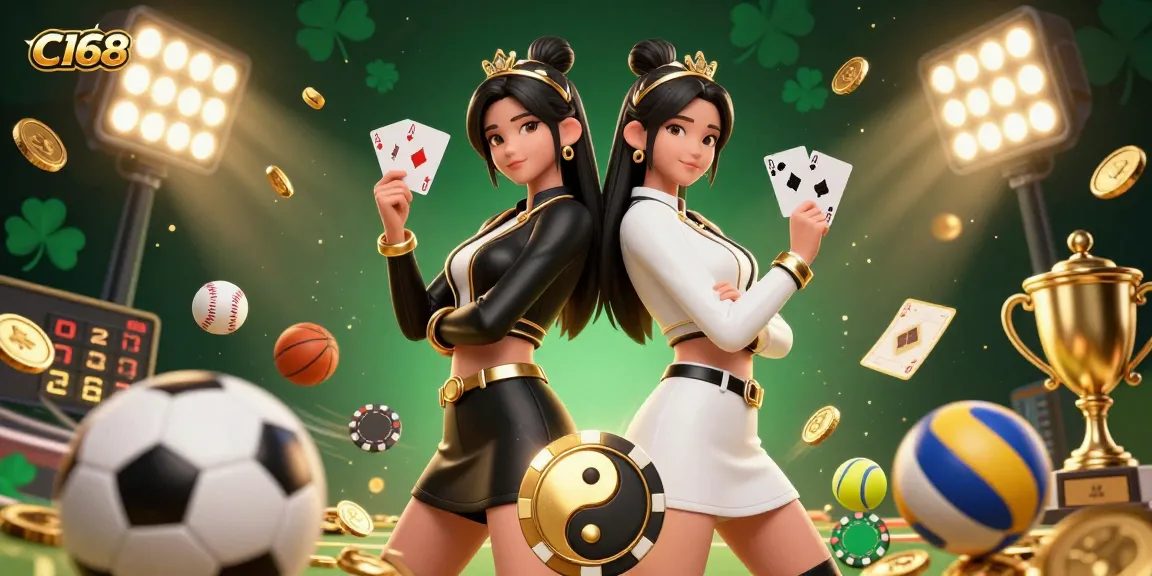 C168 showcases stunning twin Asian women with playing cards and casino symbols, enhancing the gambling experience.