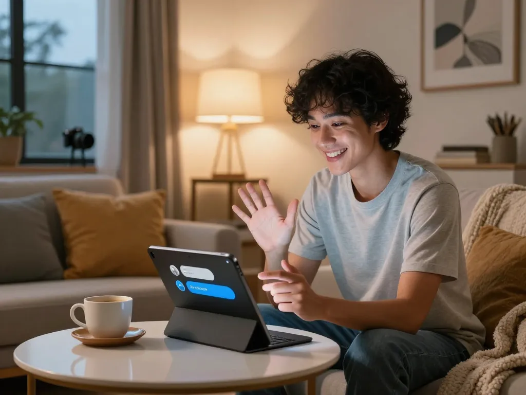 Engaging in AI sex chat on a tablet in a cozy home setting with warm lighting.