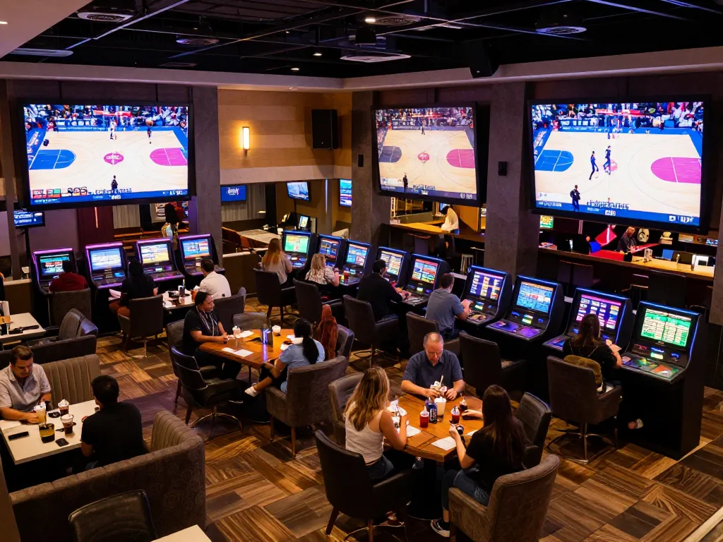 Witness the excitement of sports betting at nohu1 with patrons placing bets in a dynamic lounge.