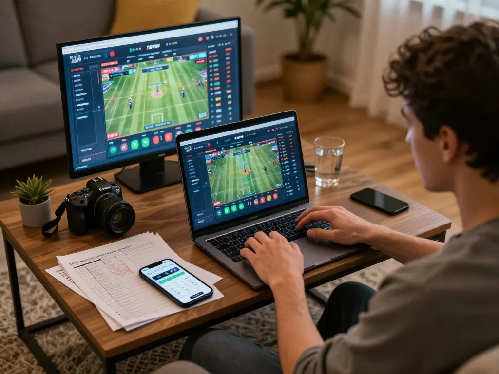 Engage with LGOGOAL through online sports betting at home, capturing an intense focus on game strategies.