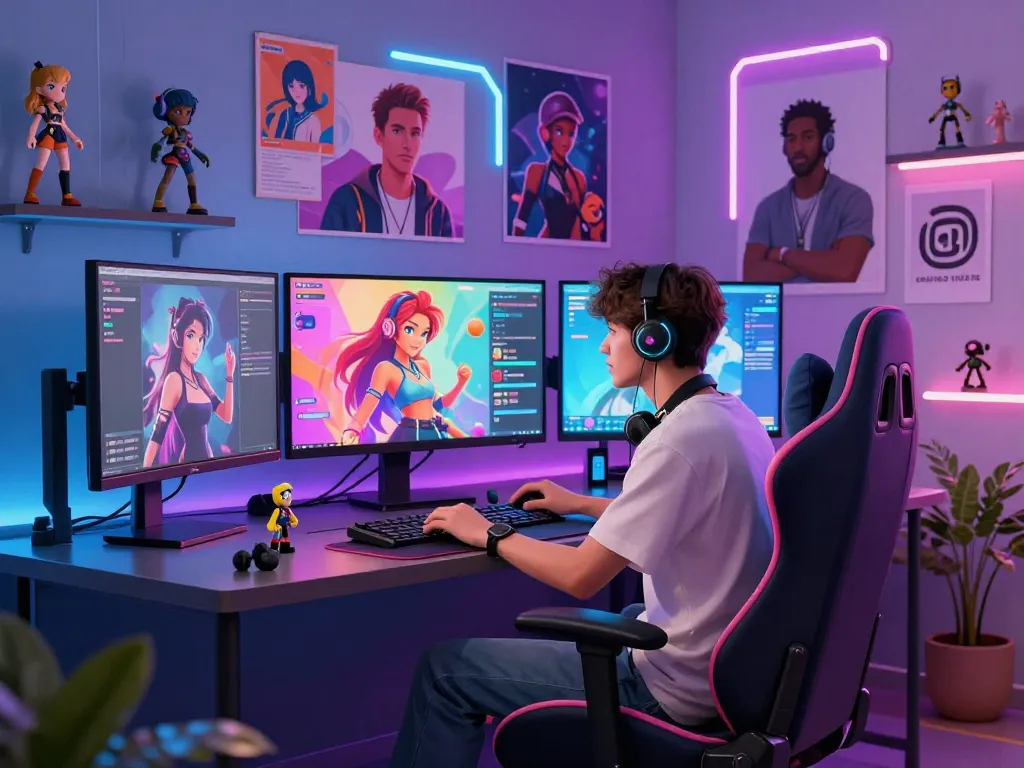Engaging NSFW AI interaction scene with a user at a modern gaming setup, showcasing vibrant character designs and immersive atmosphere.