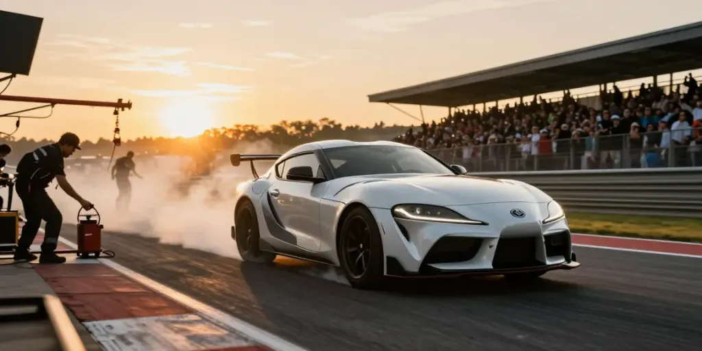 Experience the A80 platform's performance on a racetrack with a Toyota Supra in dynamic motion.