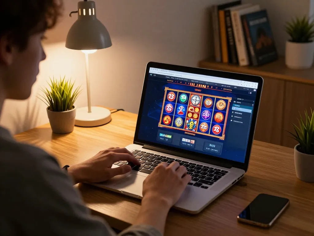 Engaging in online gambling with the 23win platform on a modern laptop in a cozy home environment