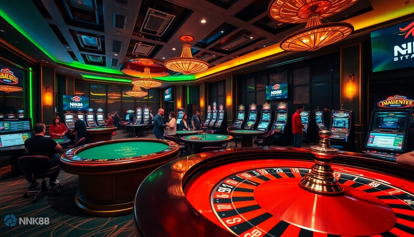 NK88 players enjoying a vibrant casino atmosphere with roulette and poker tables.