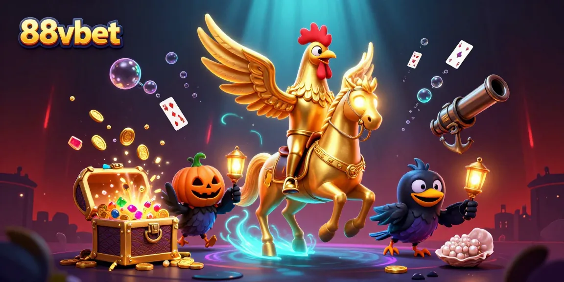 Experience the thrills of 88vbet in this vibrant casino scene with golden rooster and treasure.
