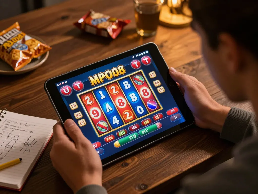 MPO08 player enjoying online slots on a tablet at home with cozy setup and strategic notes.