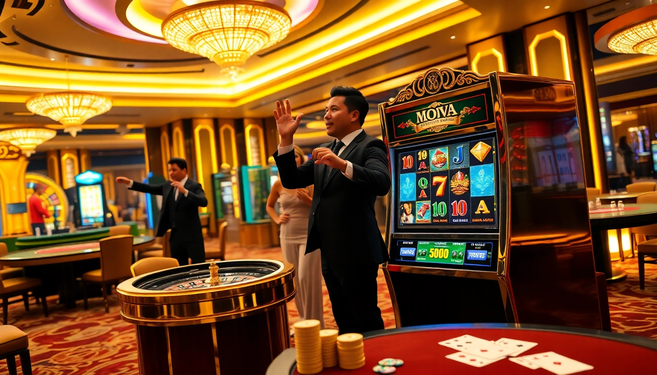 Suasana menarik menampilkan aman788 slot gacor, memperlihatkan kemewahan dan kegembiraan dalam suasana kasino yang vibrant.