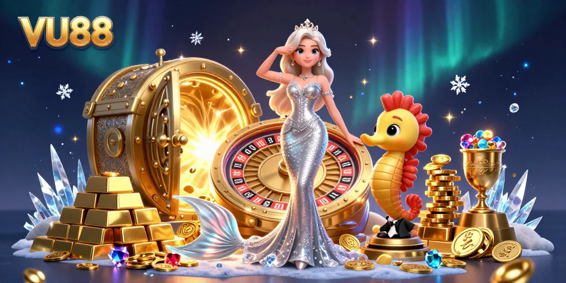 Experience the excitement of VU88 with a stunning casino-themed illustration, featuring a beautiful mermaid and a golden roulette wheel.