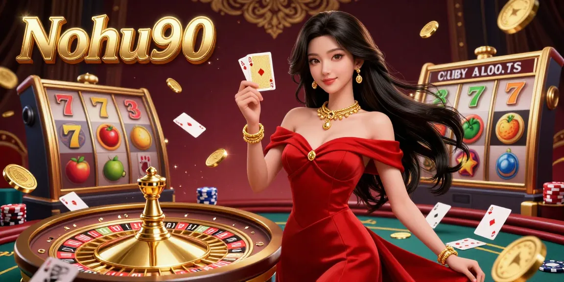 Nohu90 offers an immersive gaming experience with a stunning roulette wheel and slot elements for an engaging casino atmosphere.