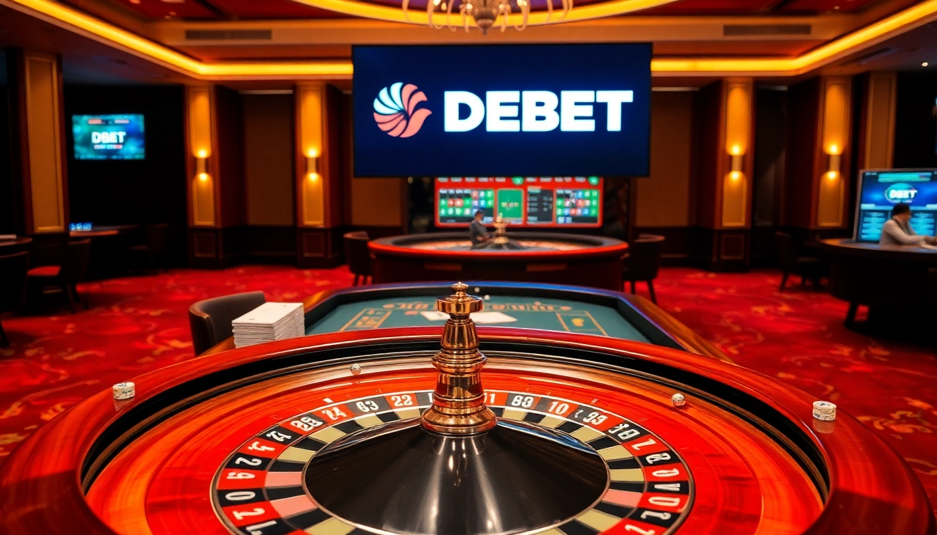 Experience high-stakes action with DEBET at a luxurious casino scene featuring roulette and poker.