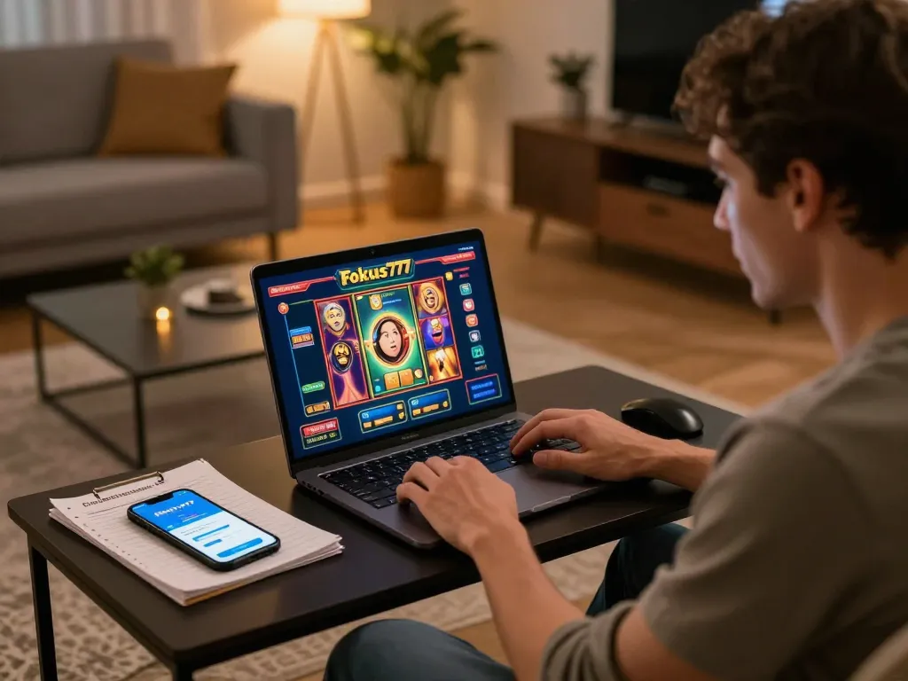 Engage in exhilarating online gaming with Fokus777 login on a laptop and smartphone.