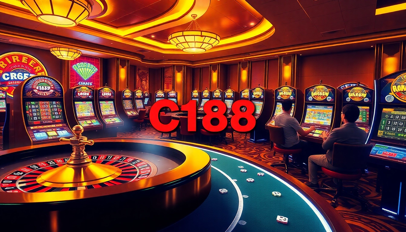 C168 Casino Experience: Players engaged at dynamic slot machines and roulette in a luxurious environment.