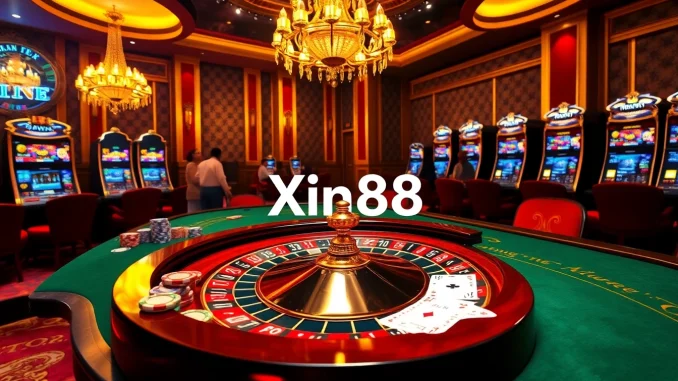 Experience the excitement of Xin88 with a luxurious casino scene featuring dynamic gaming tables and thrilling slot machines.