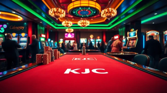 KJC gaming table at a luxurious casino with vibrant poker chips and a lively atmosphere.