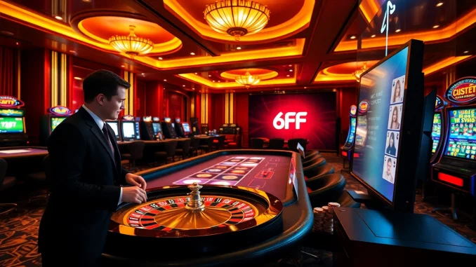 Experience exciting gambling action with 6FF, featuring roulette wheels and poker tables.