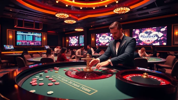 SODO Casino live dealer at roulette table creating an exciting gambling atmosphere.