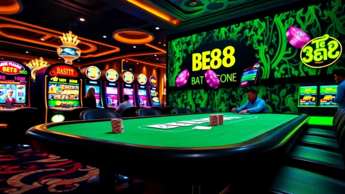 Experience the thrill of gambling with BET88 at a vibrant casino table full of chips and cards.