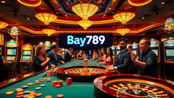 Exciting casino scene showcasing Bay789 gaming with vibrant tables and players.