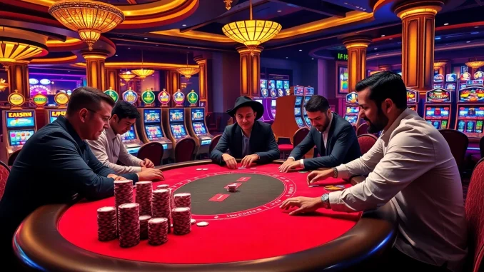 Players enjoy an intense poker game at DF999 casino, showcasing vibrant chips and atmospheric lighting.